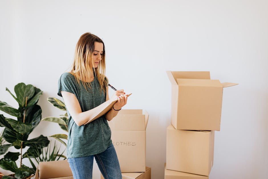 A man and a woman sitting closely together on a sofa inside a home, surrounded by cardboard boxes indicative of a house move. The man, with dark hair and a beard, is wearing a grey t-shirt and has a thoughtful expression while resting his head on his hand, which is supported by his elbow. The woman, with curly blonde hair, is wearing a light pink shirt and appears concerned or focused as she looks at a tablet in her hands. In the background, there are additional stacked moving boxes, some with visible labels, and a doorway leading to another room. The environment suggests an ongoing packing and moving process, with visible packing materials such as cardboard boxes and protective wrapping on items, reflecting typical furniture transport and logistical aspects of home relocation handled by services like Man with Van Hornsey.